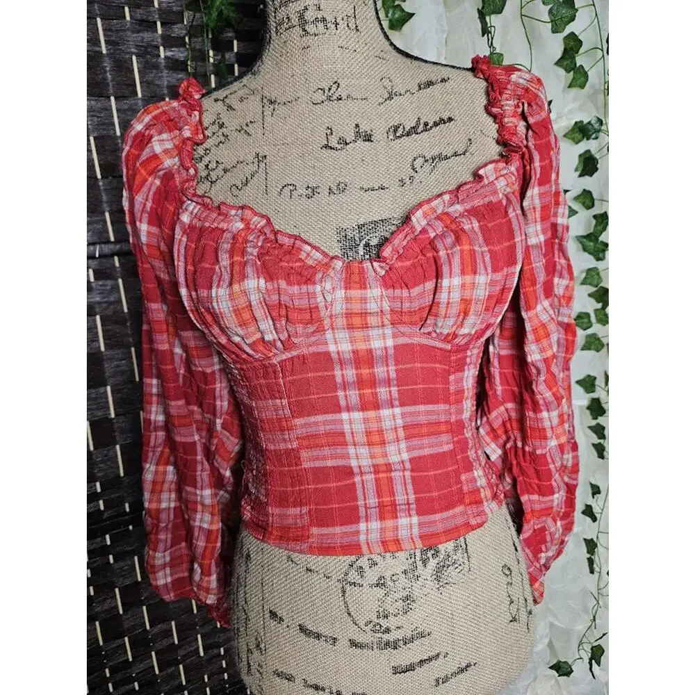 Free People Red Plaid Smocked Top Ruffle Off Shoulder Cottagecore Romantic XS - Picture 3 of 4